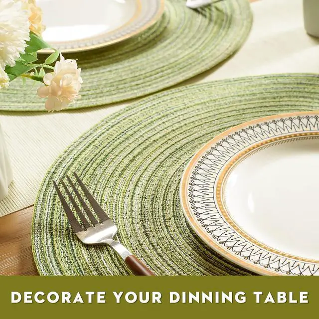 Alt view image 5 of 7 - FunWheat Round Braided Placemats Set of 4 Place mats for Dining Tables Woven Heat Resistant Table Mats 15 inch (E Light Green, 4pcs)