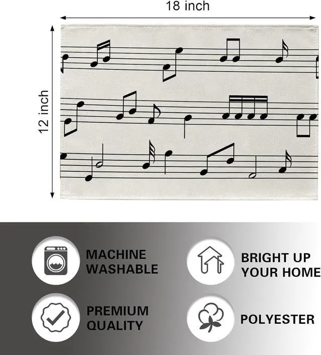 Alt view image 2 of 6 - Vintage Music Sheets Placemats Set of 4, Retro Musical Notes Staff | Dining Place Mats Table Decor Music Lover Gift, Rustic Wedding Birthday Jazz Party Home Kitchen Decoration 12 x 18 Inches