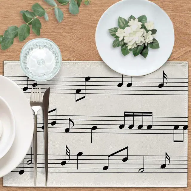 Alt view image 4 of 6 - Vintage Music Sheets Placemats Set of 4, Retro Musical Notes Staff | Dining Place Mats Table Decor Music Lover Gift, Rustic Wedding Birthday Jazz Party Home Kitchen Decoration 12 x 18 Inches