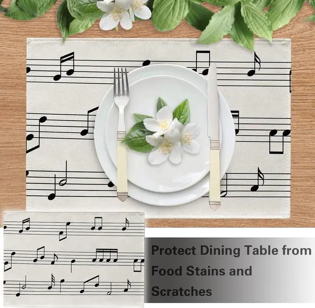 Alt view image 5 of 6 - Vintage Music Sheets Placemats Set of 4, Retro Musical Notes Staff | Dining Place Mats Table Decor Music Lover Gift, Rustic Wedding Birthday Jazz Party Home Kitchen Decoration 12 x 18 Inches