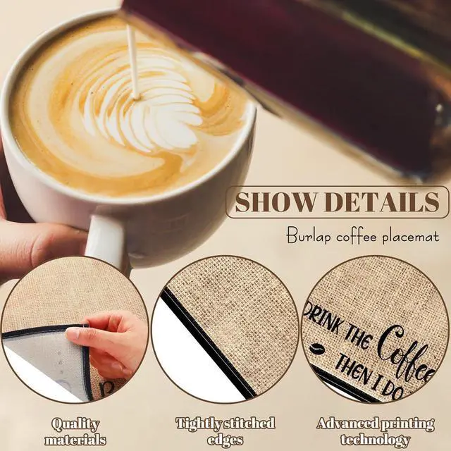 Alt view image 3 of 7 - Tegeme 2 Pieces Coffee Mat 18'' x 12'' Coffee Bar Matt for Countertop, Rustic Burlap Placemats Table Mat Decoration for Espresso Machine, Kitchen, Station Accessories