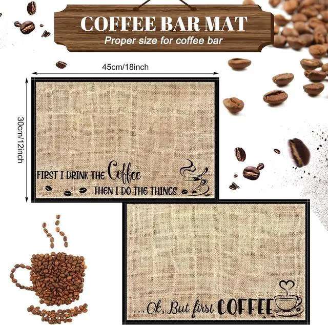 Alt view image 2 of 7 - Tegeme 2 Pieces Coffee Mat 18'' x 12'' Coffee Bar Matt for Countertop, Rustic Burlap Placemats Table Mat Decoration for Espresso Machine, Kitchen, Station Accessories