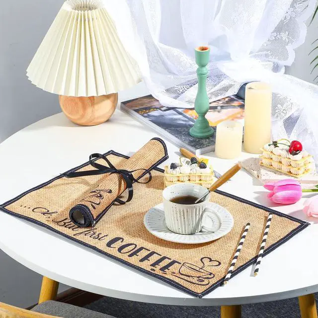 Alt view image 7 of 7 - Tegeme 2 Pieces Coffee Mat 18'' x 12'' Coffee Bar Matt for Countertop, Rustic Burlap Placemats Table Mat Decoration for Espresso Machine, Kitchen, Station Accessories