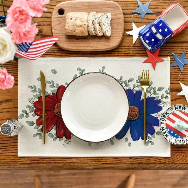 Alt view image 2 of 7 - Artoid Mode Eucalyptus Daisy 4th of July Placemats Set of 4, 12x18 Inch Patriotic Memorial Day Table Mats for Party Kitchen Dining Decoration