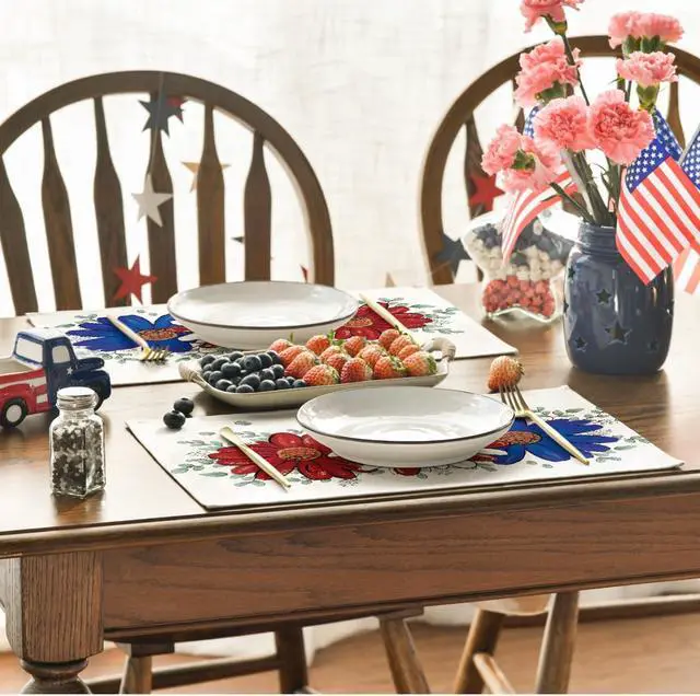 Alt view image 4 of 7 - Artoid Mode Eucalyptus Daisy 4th of July Placemats Set of 4, 12x18 Inch Patriotic Memorial Day Table Mats for Party Kitchen Dining Decoration