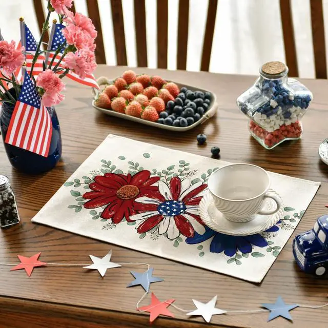 Alt view image 3 of 7 - Artoid Mode Eucalyptus Daisy 4th of July Placemats Set of 4, 12x18 Inch Patriotic Memorial Day Table Mats for Party Kitchen Dining Decoration