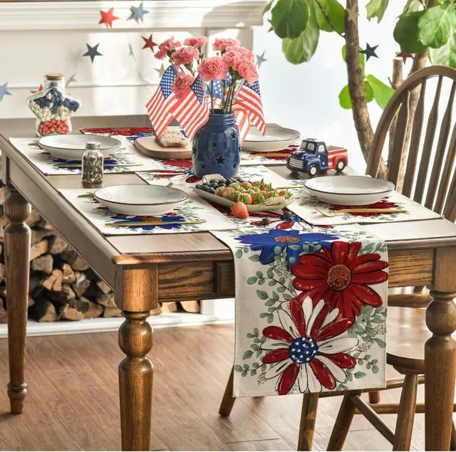 Alt view image 5 of 7 - Artoid Mode Eucalyptus Daisy 4th of July Placemats Set of 4, 12x18 Inch Patriotic Memorial Day Table Mats for Party Kitchen Dining Decoration