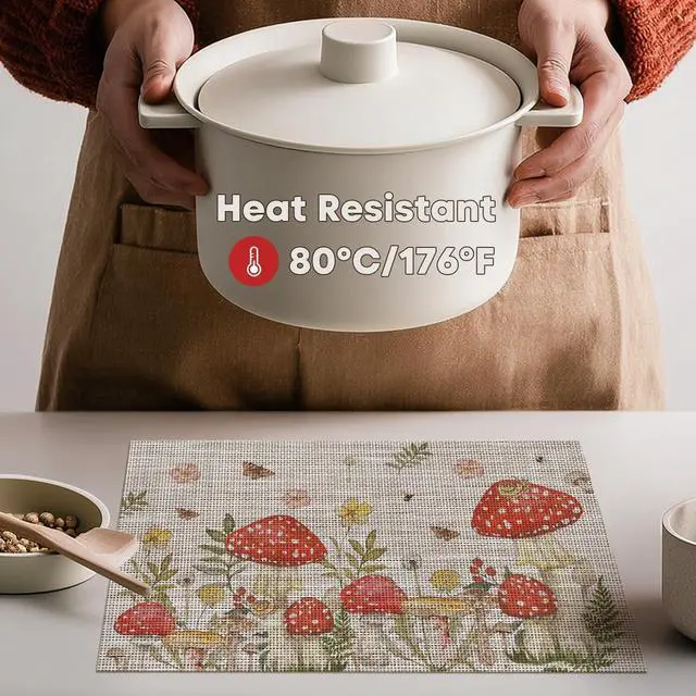Alt view image 3 of 7 - Artoid Mode Beige Mushroom Moth Flowers Placemats Set of 4, 12x18 Inch Plastic Woven Wipeable Non-Slip PVC Place Mats for Party Kitchen Dining Decor
