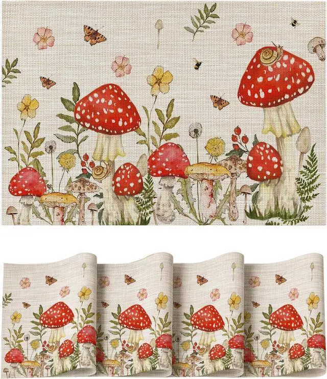 Main image of Artoid Mode Beige Mushroom Moth Flowers Placemats Set of 4, 12x18 Inch Plastic Woven Wipeable Non-Slip PVC Place Mats for Party Kitchen Dining Decor
