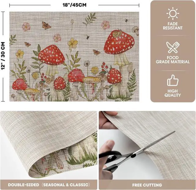 Alt view image 6 of 7 - Artoid Mode Beige Mushroom Moth Flowers Placemats Set of 4, 12x18 Inch Plastic Woven Wipeable Non-Slip PVC Place Mats for Party Kitchen Dining Decor