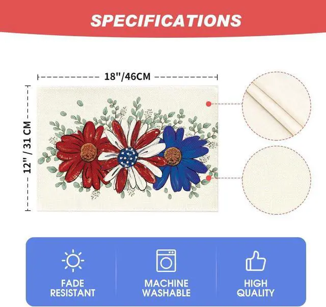 Alt view image 6 of 7 - Artoid Mode Eucalyptus Daisy 4th of July Placemats Set of 4, 12x18 Inch Patriotic Memorial Day Table Mats for Party Kitchen Dining Decoration
