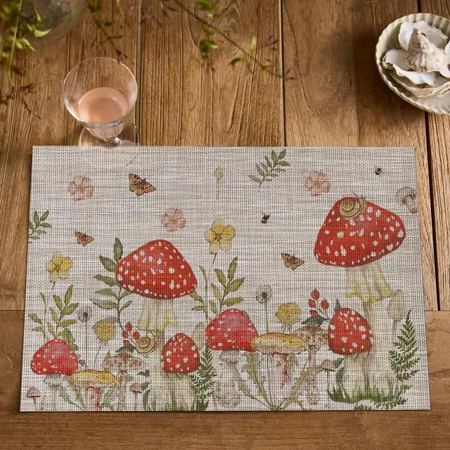 Alt view image 7 of 7 - Artoid Mode Beige Mushroom Moth Flowers Placemats Set of 4, 12x18 Inch Plastic Woven Wipeable Non-Slip PVC Place Mats for Party Kitchen Dining Decor