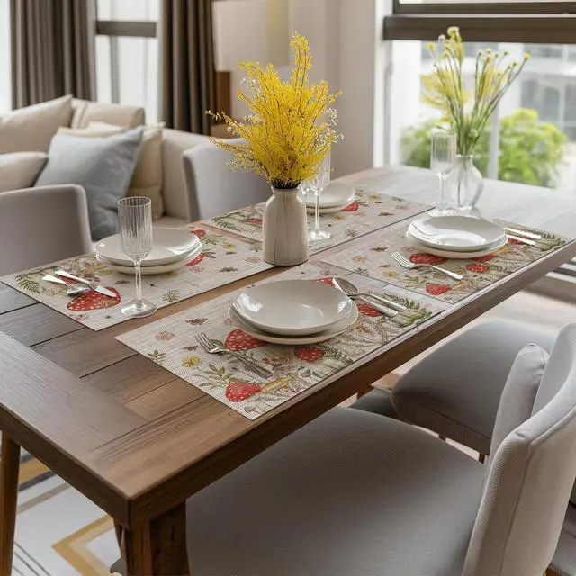 Alt view image 5 of 7 - Artoid Mode Beige Mushroom Moth Flowers Placemats Set of 4, 12x18 Inch Plastic Woven Wipeable Non-Slip PVC Place Mats for Party Kitchen Dining Decor