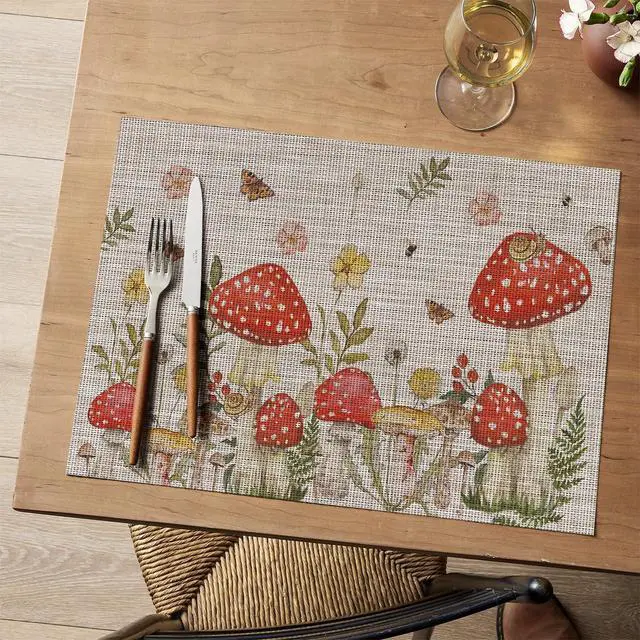Alt view image 2 of 7 - Artoid Mode Beige Mushroom Moth Flowers Placemats Set of 4, 12x18 Inch Plastic Woven Wipeable Non-Slip PVC Place Mats for Party Kitchen Dining Decor
