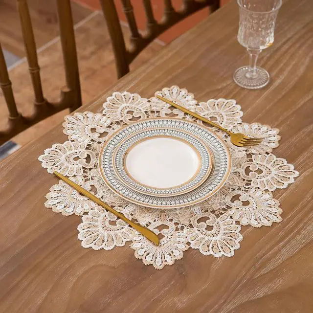 Alt view image 2 of 7 - European Antique Jacquard Lace Table Doilies,Small Farmhouse Linen Embroidered Table Topper Scarf Place Mat RusticTable Cover (Flower Shape, Diameter 15.7Inch)