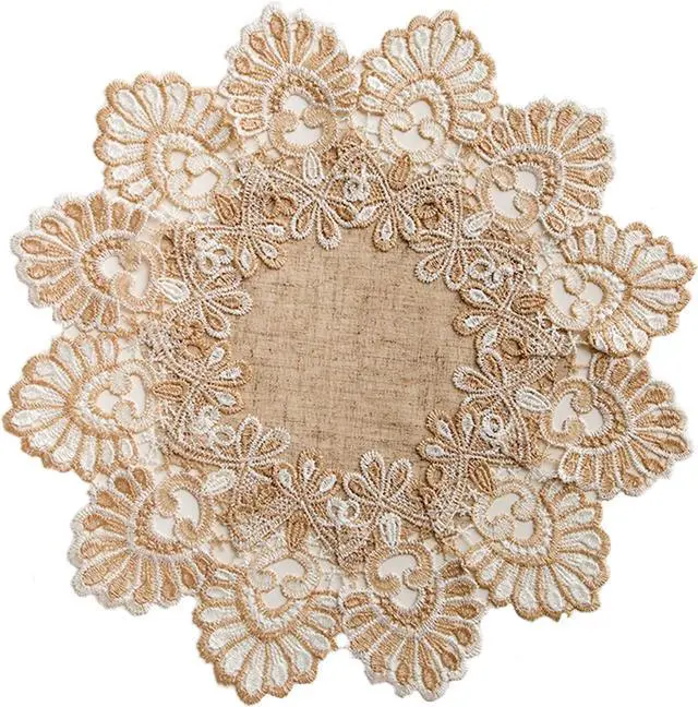 Main image of European Antique Jacquard Lace Table Doilies,Small Farmhouse Linen Embroidered Table Topper Scarf Place Mat RusticTable Cover (Flower Shape, Diameter 15.7Inch)