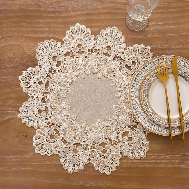 Alt view image 3 of 7 - European Antique Jacquard Lace Table Doilies,Small Farmhouse Linen Embroidered Table Topper Scarf Place Mat RusticTable Cover (Flower Shape, Diameter 15.7Inch)