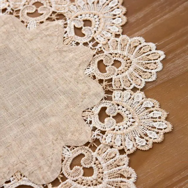Alt view image 5 of 7 - European Antique Jacquard Lace Table Doilies,Small Farmhouse Linen Embroidered Table Topper Scarf Place Mat RusticTable Cover (Flower Shape, Diameter 15.7Inch)