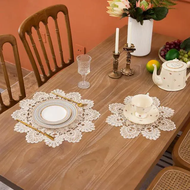 Alt view image 6 of 7 - European Antique Jacquard Lace Table Doilies,Small Farmhouse Linen Embroidered Table Topper Scarf Place Mat RusticTable Cover (Flower Shape, Diameter 15.7Inch)