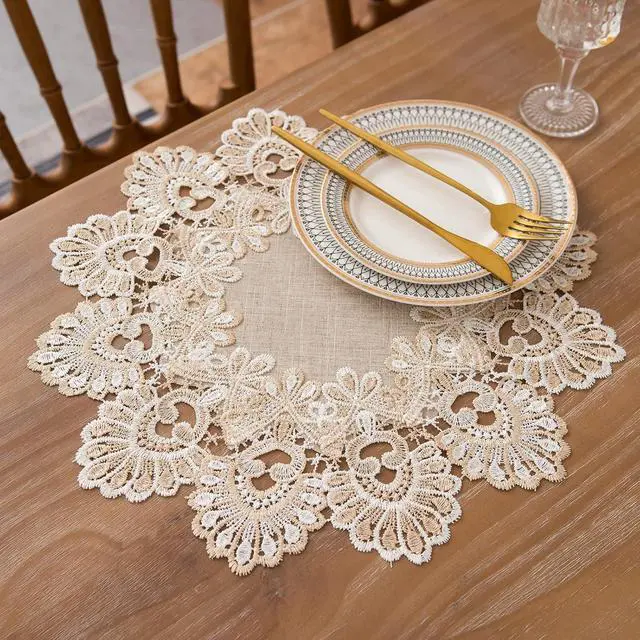 Alt view image 4 of 7 - European Antique Jacquard Lace Table Doilies,Small Farmhouse Linen Embroidered Table Topper Scarf Place Mat RusticTable Cover (Flower Shape, Diameter 15.7Inch)