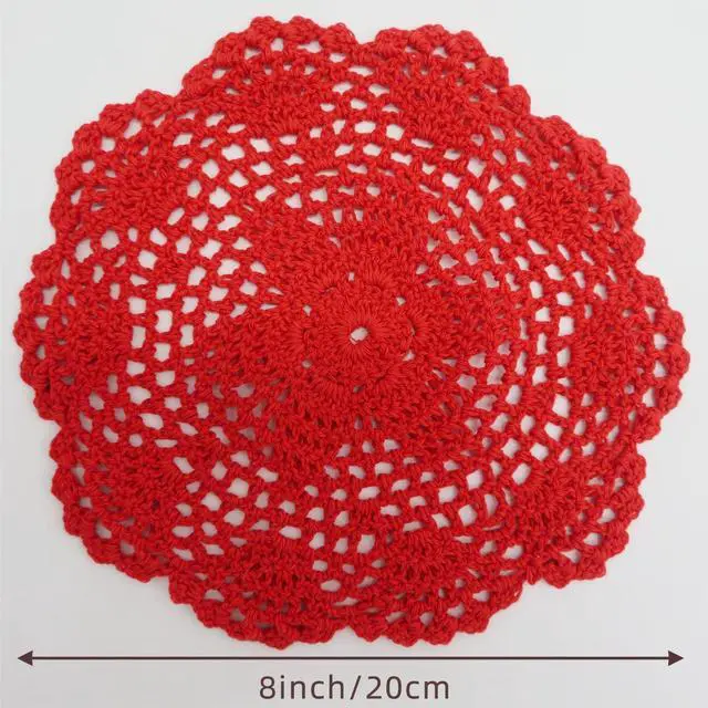 Alt view image 2 of 7 - Ouyatoyu 6pcs 8" Doilies Cloth Lace Crochet Doilies Place Mats for Kitchen Round Handmade Cotton Placemats for Glass Bowl Dish Dining Table Red Color