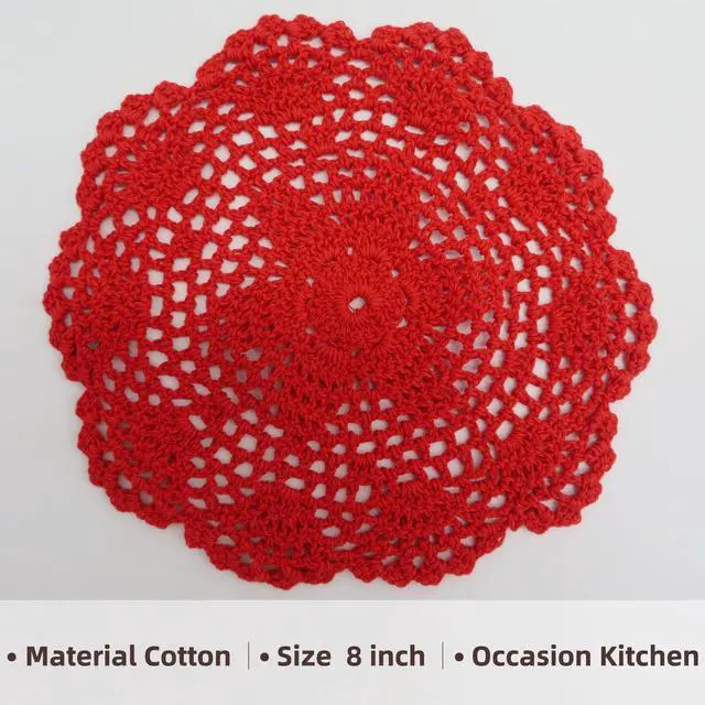 Alt view image 3 of 7 - Ouyatoyu 6pcs 8" Doilies Cloth Lace Crochet Doilies Place Mats for Kitchen Round Handmade Cotton Placemats for Glass Bowl Dish Dining Table Red Color