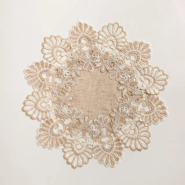Alt view image 7 of 7 - European Antique Jacquard Lace Table Doilies,Small Farmhouse Linen Embroidered Table Topper Scarf Place Mat RusticTable Cover (Flower Shape, Diameter 15.7Inch)