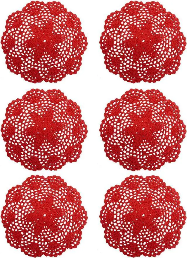 Main image of Ouyatoyu 6pcs 8" Doilies Cloth Lace Crochet Doilies Place Mats for Kitchen Round Handmade Cotton Placemats for Glass Bowl Dish Dining Table Red Color