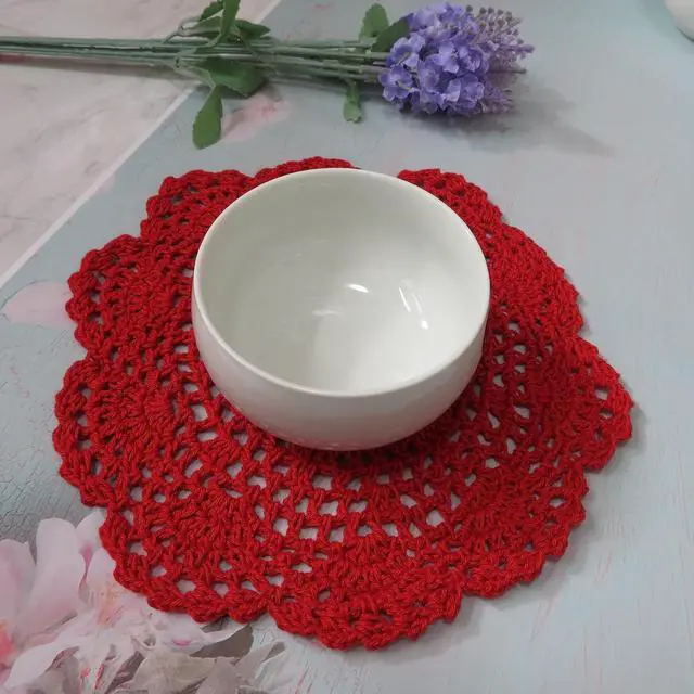 Alt view image 5 of 7 - Ouyatoyu 6pcs 8" Doilies Cloth Lace Crochet Doilies Place Mats for Kitchen Round Handmade Cotton Placemats for Glass Bowl Dish Dining Table Red Color