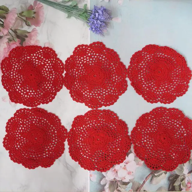 Alt view image 7 of 7 - Ouyatoyu 6pcs 8" Doilies Cloth Lace Crochet Doilies Place Mats for Kitchen Round Handmade Cotton Placemats for Glass Bowl Dish Dining Table Red Color
