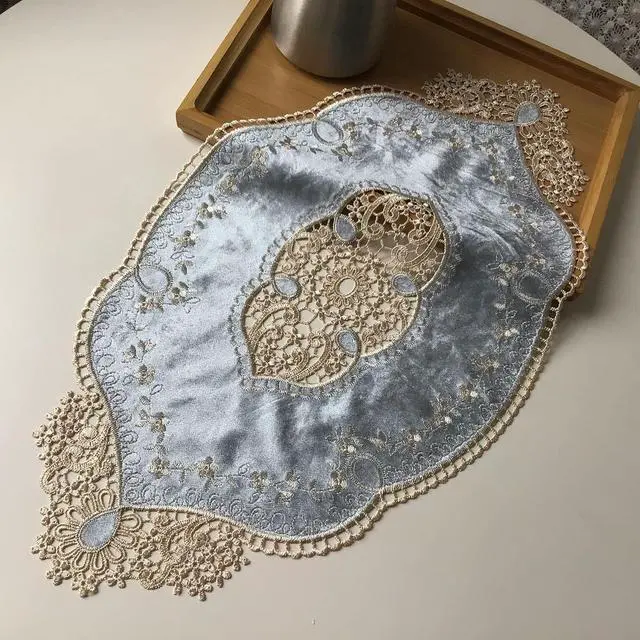 Main image of 20''x11.4''Retro Oval Doilies placemat, Elegant Velvet Placemats Vase Mats Embroidery Dresser Scarf for Table Kitchen Dining Tabletop Decoration (Grey Blue)