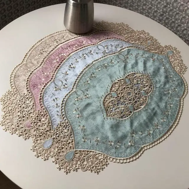 Alt view image 3 of 3 - 20''x11.4''Retro Oval Doilies placemat, Elegant Velvet Placemats Vase Mats Embroidery Dresser Scarf for Table Kitchen Dining Tabletop Decoration (Grey Blue)