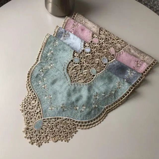 Alt view image 2 of 3 - 20''x11.4''Retro Oval Doilies placemat, Elegant Velvet Placemats Vase Mats Embroidery Dresser Scarf for Table Kitchen Dining Tabletop Decoration (Grey Blue)