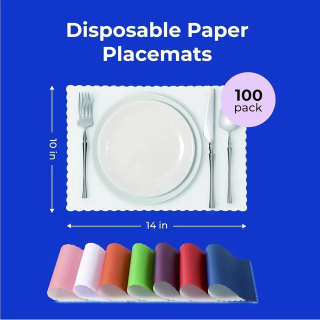 Alt view image 2 of 7 - Fit Meal Prep 100 Pack Disposable Paper Placemats, 14 x 10 Inch White with Decorative Wavy Scalloped Edge for Restaurant Catering Dining Table, Baby Kids Birthday Parties
