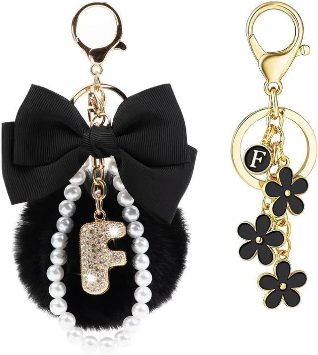 Main image of YOU WIZV Initial Letter Keychain for Women Girls Cute Bow Flower Puff Ball Pom Purse Bag Chains for Handbags Backpack