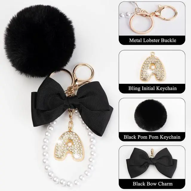 Alt view image 2 of 7 - YOU WIZV Initial Letter Keychain for Women Girls Cute Bow Flower Puff Ball Pom Purse Bag Chains for Handbags Backpack