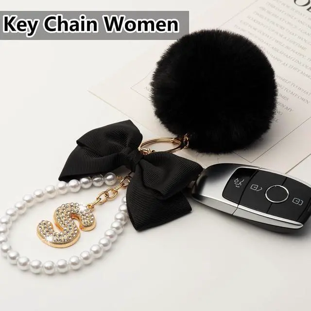 Alt view image 6 of 7 - YOU WIZV Initial Letter Keychain for Women Girls Cute Bow Flower Puff Ball Pom Purse Bag Chains for Handbags Backpack