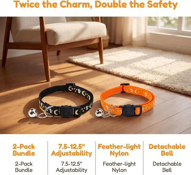 Alt view image 5 of 7 - 2Pack Breakaway Cat Collar with Bell, Moons Stars Cute Kitten Collar for Girl Boy Cats, Safety Buckle Adjustable 7.5-12.5 Inch, Lightweight, Pet Gifts (Orange)