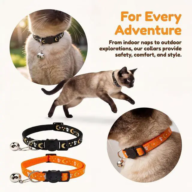 Alt view image 7 of 7 - 2Pack Breakaway Cat Collar with Bell, Moons Stars Cute Kitten Collar for Girl Boy Cats, Safety Buckle Adjustable 7.5-12.5 Inch, Lightweight, Pet Gifts (Orange)