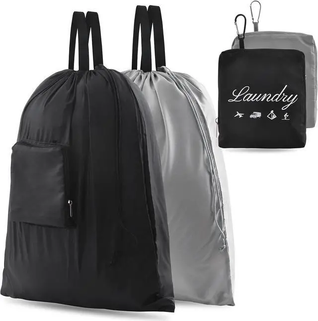 Main image of 2 Pcs JHX Travel Laundry Bags, Dirty Clothes OrganizerUpgradedwith Handles and Aluminum Carabiner for Travel, Camp, Fitness, and Students (Black&Grey) 24"L x 21"W