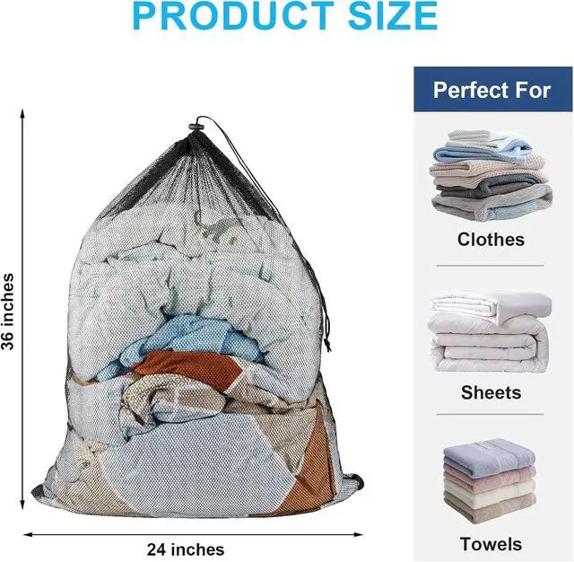 Alt view image 2 of 7 - Large Mesh Laundry Bags: 2 Pack 24" x 36" Heavy Duty | Soft Breathable, Machine Washable, For College Dorm, Travel Family Use, Black