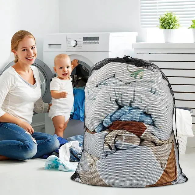 Alt view image 7 of 7 - Large Mesh Laundry Bags: 2 Pack 24" x 36" Heavy Duty | Soft Breathable, Machine Washable, For College Dorm, Travel Family Use, Black