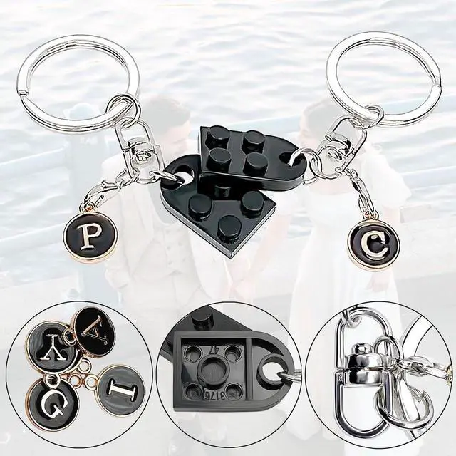 Alt view image 5 of 7 - Personalized Brick Matching Couple Heart Keychain, Heart Keychain Gifts for Him Her Boyfriend Girlfriend Mom Couple Lovers