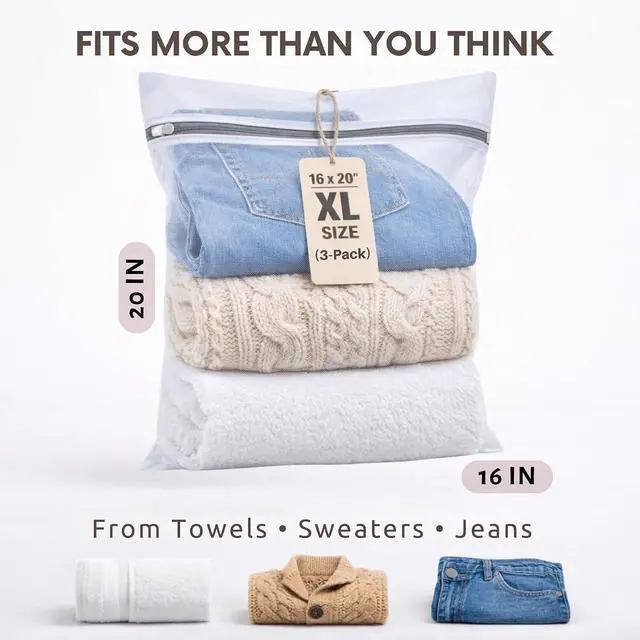 Alt view image 2 of 7 - 3Pc Spacious Durable Mesh Laundry Bags (16x20 Inches) Protects Delicates, Fine Mesh for Uniform Wash & Dry, Auto-Lock Zipper, Washer-Friendly, For Home, Dorm or Storage, Fits Socks to Sweaters
