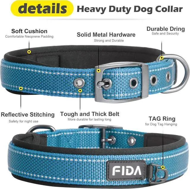 Alt view image 3 of 7 - Fida Padded Dog Collar for Small Dogs with Metal Belt Buckle, Blue | Soft Neoprene Padded for Extra Comfort, Durable Nylon Webbing, Adjustable Fit, Reflective Stitching for Night Safety