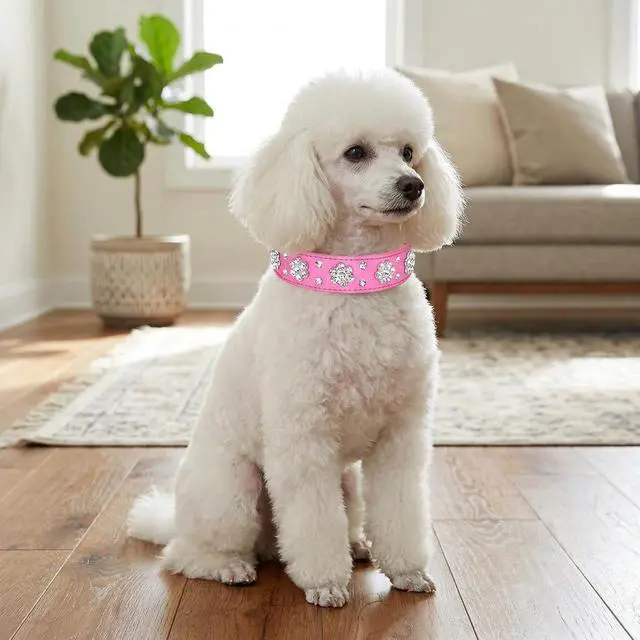 Alt view image 4 of 7 - Rhinestone Dog Collar, Cute Flower Rhinestone Cat Dog Collar Bling Collar PU Leather Collar Adjustable Sizes Small Medium Large (L:31-37cm, Black)