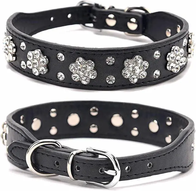 Main image of Rhinestone Dog Collar, Cute Flower Rhinestone Cat Dog Collar Bling Collar PU Leather Collar Adjustable Sizes Small Medium Large (L:31-37cm, Black)