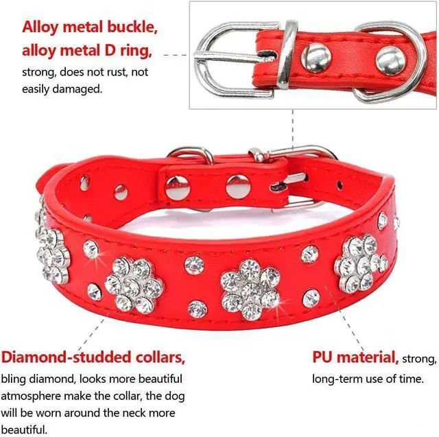Alt view image 7 of 7 - Rhinestone Dog Collar, Cute Flower Rhinestone Cat Dog Collar Bling Collar PU Leather Collar Adjustable Sizes Small Medium Large (L:31-37cm, Black)
