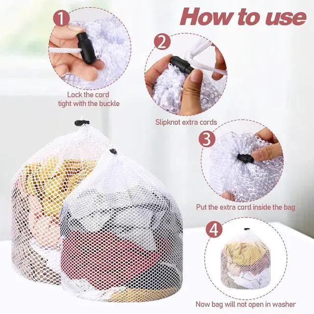 Alt view image 5 of 7 - 2pcs Mesh Laundry Bags for Socks, Machine Washable Drawstring Design Travel Mesh Laundry Wash Bags White Drawstring Garment Bags for Laundry Storage for Home Dorm Hotel Travel Use,12x16inch, 16x20inch