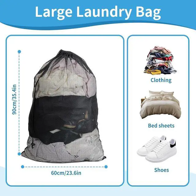 Alt view image 4 of 7 - 2 Pack Mesh Laundry Bags,24 x 35 Inches Heavy Duty Drawstring Dirty Clothes Bag for Camp,College,Dorm,Travel,Family,Apartment Dwellers,RV & Cruise Essentials(Black)